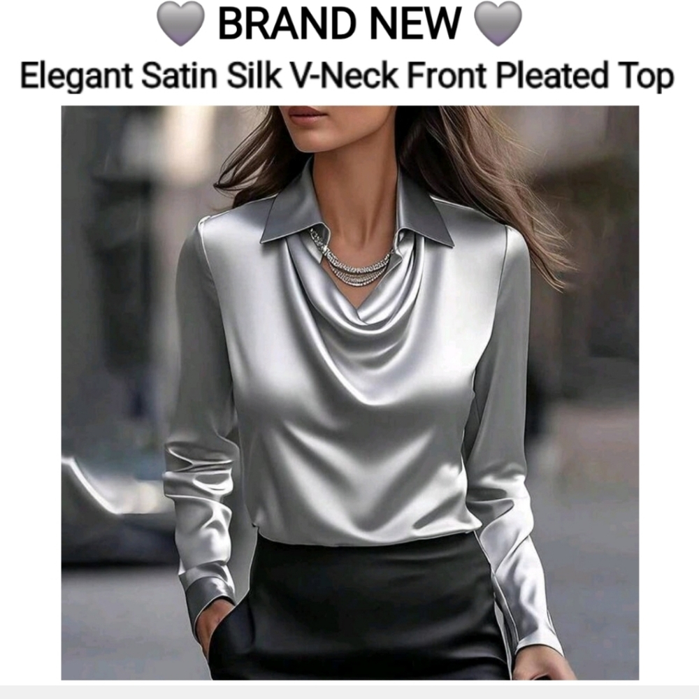 Elegant Satin Silk V-Neck Front Pleated Top - Silver, Size XL (12)
